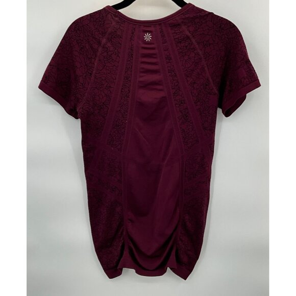 Athleta Burgundy Medium Women's Floral Mesh Short Sleeve Top Activewear - Picture 6 of 7